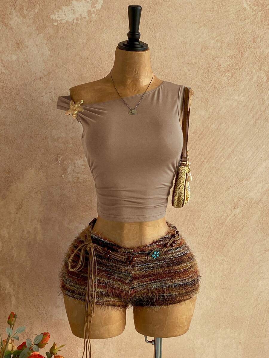 Soleia Trang phục dự tiệc cưới phong cách nghỉ dưỡng miền Tây, tiệc tốt nghiệp, lễ Thánh Patrick, kỳ nghỉ xuân, lễ Phục sinh, lễ hội âm nhạc, bộ đồ 2 mảnh màu nâu dệt kim mềm mại, cổ bất đối xứng, họa tiết hoa và khoét lưng dành cho nữ. - Màu Khaki - Xem 1