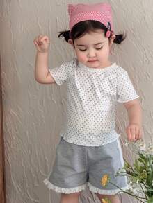 Dazy Kids 女童荷叶边下摆波点印花长袖上衣，韩版风格，春夏款 - 白色 - 查看 7