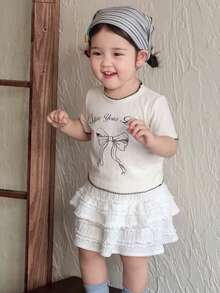 DAZY Baby Girls' Round Neck Casual Long Sleeve Bowknot Korean Style English Print Top, Spring/Autumn - Apricot - View 4