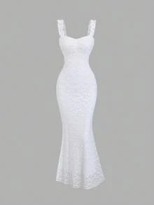 Sweetra Elegant Lace Texture Maxi Mermaid Dress, Sexy & Graceful For Party, Vacation, Autumn/Spring - White - View 4