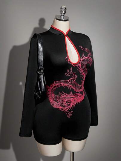 SHEIN ICON Plus Size Women's Chinese Dragon Print Hollow Out Design Romper Dragon Print Bodysuit Bodysuits For Women Long Sleeve