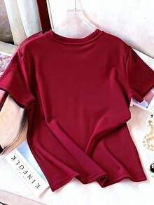 Resyla Heart Pattern Rhinestone Embellished Casual Women Short Sleeve Round Neck T-Shirt, Gift For Friends - Burgundy - View 2