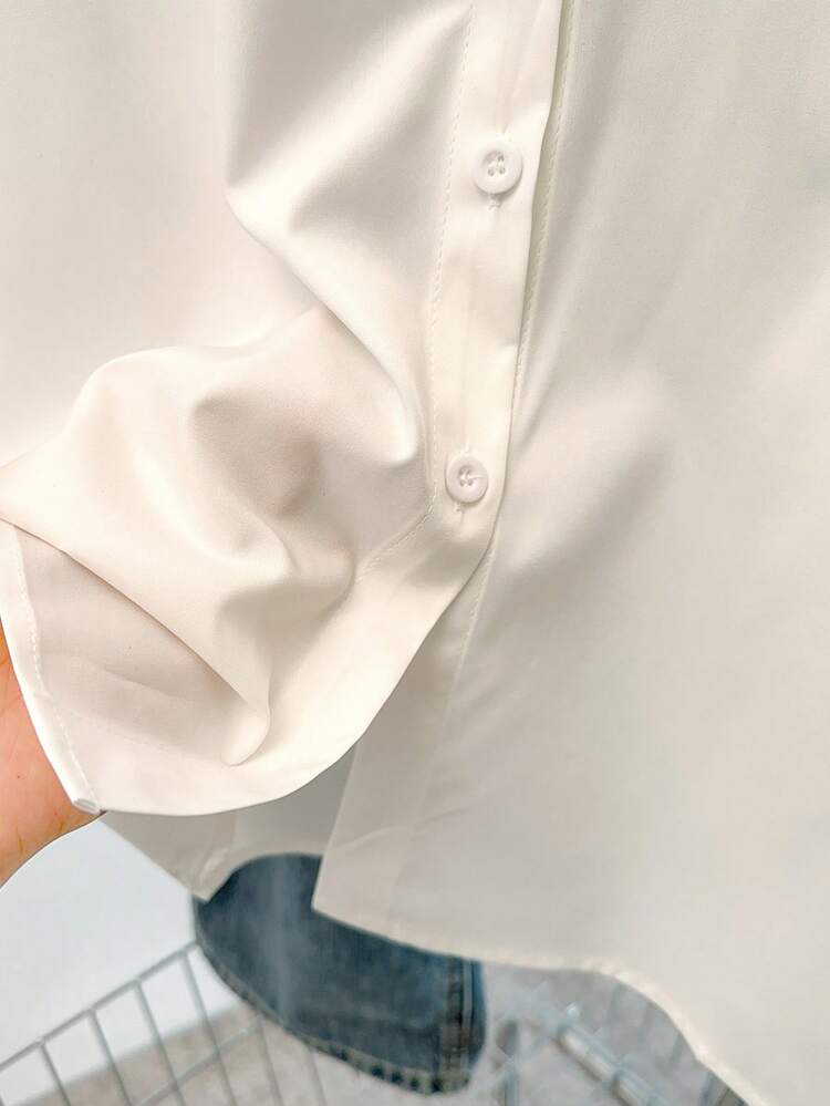 Airaco Women Solid Color Simple Style Button-Up Daily Shirt Fall Cloth For Women - White - View 5