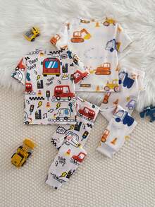 4件套男童印花针织圆领弹力T恤和打底裤套装，趣味汽车、巴士、飞机数码印花，修身剪裁，睡衣、家居服，春夏款 - 彩色 - 查看 2