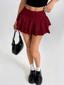 SHEIN PETITE Women's Double Layer Ruffle Hem A-Line Short Skirt Red Ruffle Skirt - Burgundy - View 4