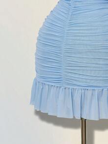 SHEIN ICON 女士优雅荷叶边迷你连衣裙，修身剪裁，网纱面料，适合夏季约会 - 淺藍色 - 查看 7