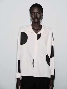 Lumivelle 女士休闲撞色印花蝙蝠袖衬衫，春秋季 - 杏色 - 查看 4