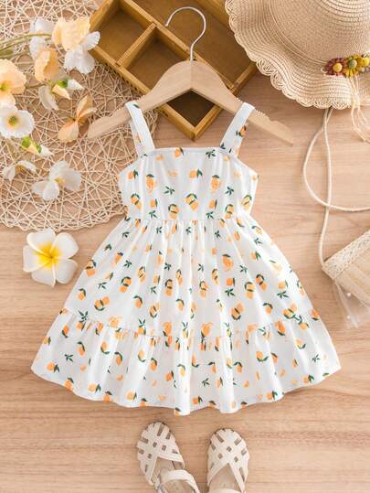 SHEIN 女童夏季可爱柠檬图案连衣裙，适合夏季度假、海滩、复古风、休闲度假风，可爱，Y2K椰子女孩波西米亚风度假，波西米亚风，音乐节，适合夏季穿着。