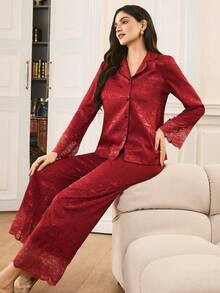 Moireta Women's Elegant Romantic Lace Patchwork Silk Lapel Button-Front Comfortable Floral Jacquard Satin Pajama Set - Burgundy - View 6