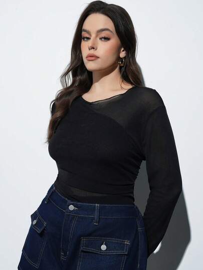 Maija Plus Size Women's Solid Color Round Neck Long Sleeve Fitted Fashionable Top Spring To Summer Spring Outfit Womenvalentine's Day Carnival Fasching Women Costume Party Beach Wedding Vacation Casual Plus Size Long Sleeve Top Plus Size Black Tops Plus Size Sheer Top Plus Size Tops Black Top Long Sleeve Black Top Sheer Black Top Black Mesh Top Long Sleeve Mesh Top Black Tops Curve