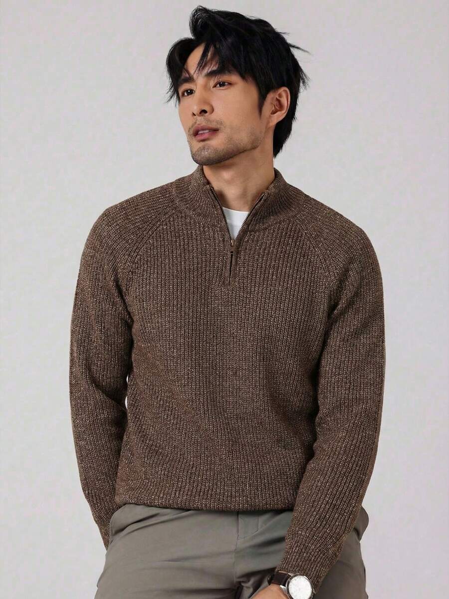 Manfinity Homme 男士休闲日常通勤简约纯色半拉链插肩袖罗纹针织衫，秋冬款 - 棕色 - 查看 1