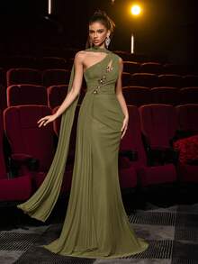 Glamrae Elegant Brown High-Stretch Mesh Asymmetric Shoulder Maxi Dress,Metal 3D Floral Decor,Front Ruching,Draped Side Panels,Fishtail Hem Formal Gown - Olive Green - View 4