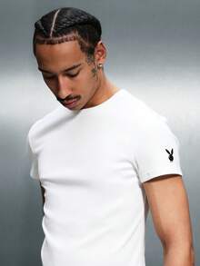 PLAYBOY X SUMWON Camiseta básica de cuello redondo de manga corta, ajuste regular, casual para hombre, ideal para verano, primavera y otoño, color blanco - Blanco - Ver 5