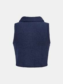 SHEIN Girlism 少女优雅翻领爱心纽扣针织罗纹无袖背心，夏季 - 藏蓝色 - 查看 2