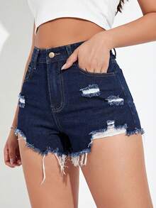 Jeanoix 女士休闲破洞毛边牛仔短裤 - 深色水洗藍 - 查看 4