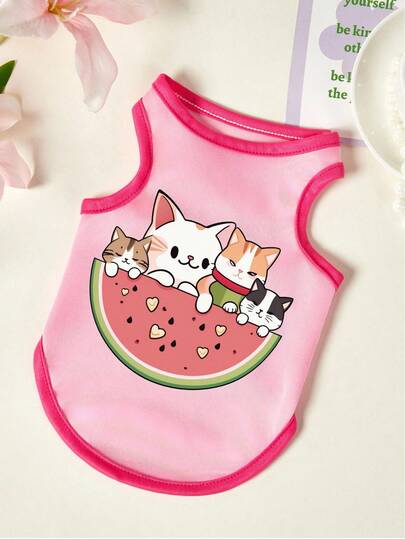 PETSIN 1 Piece Of Cat Printed Pet Vest Lying On Watermelon, Breathable And Skin Friendly, In Rose Red Pink Color