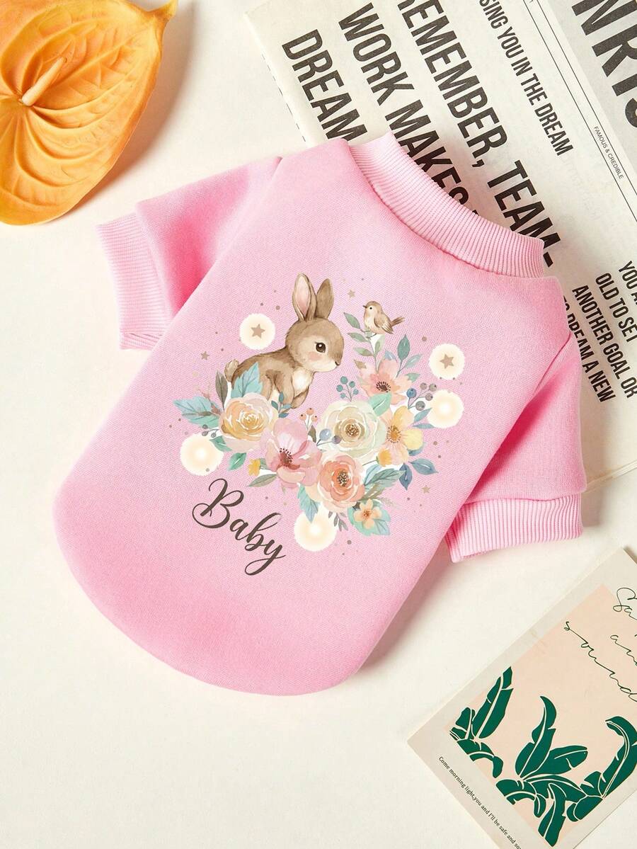 PETSIN 1 Cute Bunny Bouquet Printed Pet For Autumn And Winter, Pink Thick Warm Pet Clothing - Pink - View 1