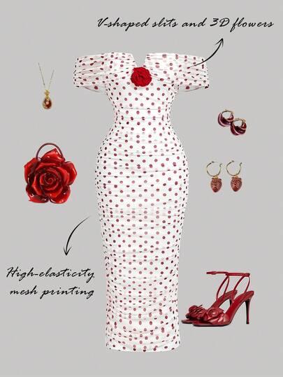 SHEIN MOD Red And White Polka Dot Ruched Off-Shoulder Dress With 3D Floral Applique – Festive Wear, Princess Style, Valentine Outfits For Women Cherry Outfit Pin Up Style Clothing Birthday Outfits For Women Night Heart Dress Casino Night Outfit For Women