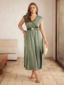 Roveilla 大码女式缎面V领蝙蝠袖腰带金属扣装饰A字型长连衣裙，优雅法式复古百搭休闲连衣裙，适合通勤、商务、度假、春夏穿着 - 綠色 - 查看 6