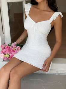 Sunnyshic Women's Sexy Low-Cut Lace Textured Floral Trim Elegant Romantic Date White Dress, Spring/Summer - White - View 3