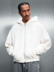 PLAYBOY X SUMWON Áo khoác nỉ Borg dáng rộng có khóa kéo toàn thân và dây rút ở mũ, giữ ấm mùa đông, kiểu dáng thường ngày. - Màu be - Xem 2