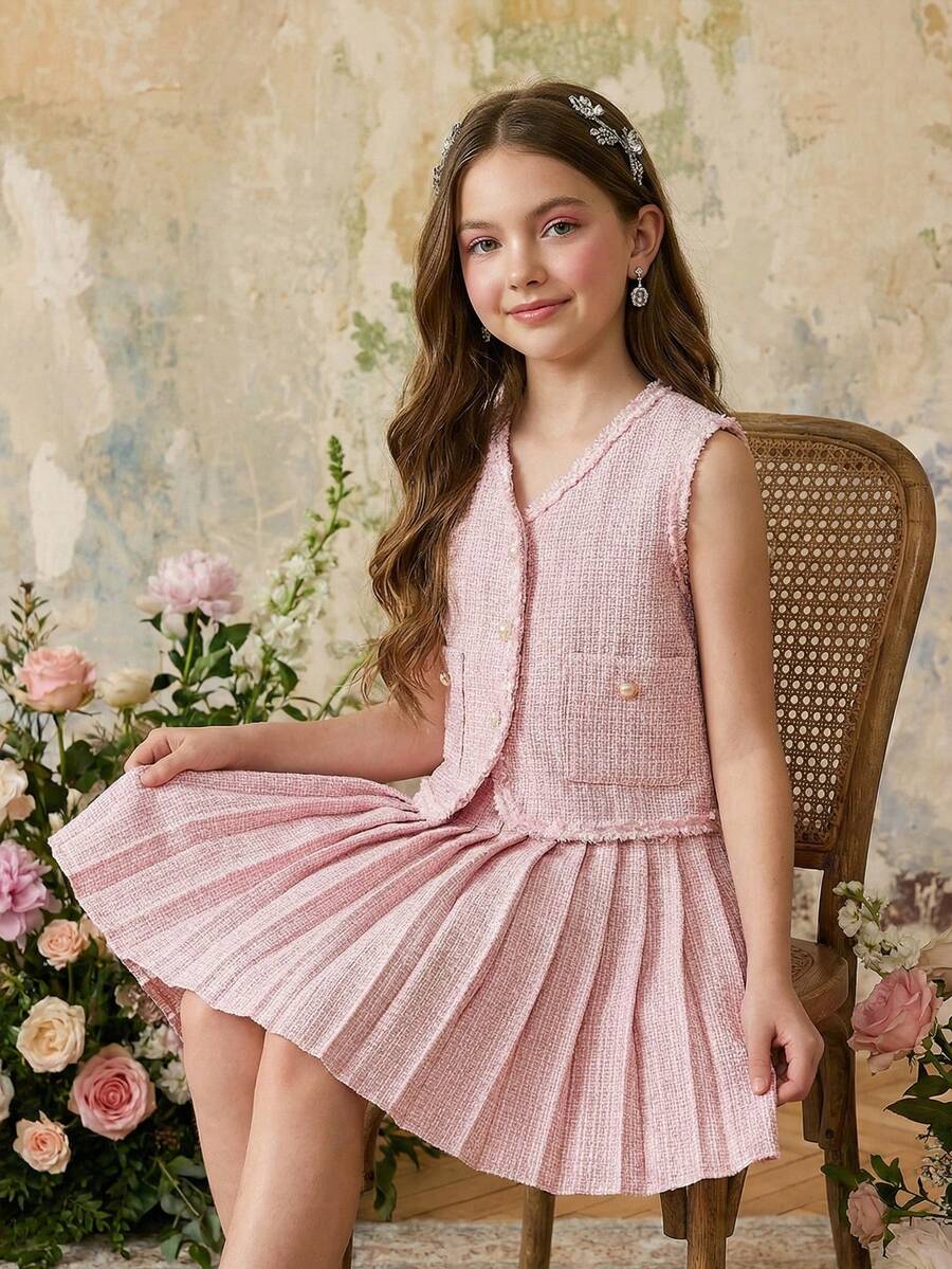 SHEIN Elegant Sleeveless Bowknot Cardigan Top And Pleated Skirt Set For Tween Girls, Summer - Pink - View 1