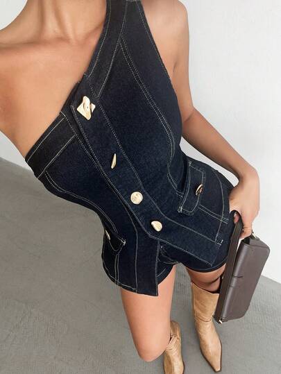 Aloruh Women's Fashion Commuter One Shoulder Front Button Sleeveless Top And Denim Shorts Set,Valentine's Day,Summer,Carnival,Beach,Party,Elegant Party Dress,Going Out