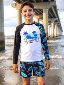 8-12岁男童棕榈叶印花长袖吊带泳衣套装，含泳帽，学生沙滩冲浪泳装，时尚泳衣套装 - 彩色 - 查看 3