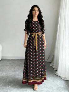 Modelyn Đầm nữ họa tiết hoa và hoa văn retro, cổ tròn, tay ngắn, dáng ôm eo, thích hợp cho mùa xuân/hè. - Nhiều màu - Xem 4