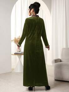 Al Najma Đầm dài tay kiểu Ả Rập cổ tàu in họa tiết đính sequin dành cho nữ - màu xanh lá - Xem 6