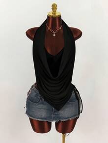 Amplova Women's Plunging Neck Double Layer Side Ruched Backless Halter Top Summer Clothes Women - Black - View 3