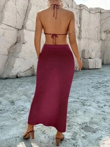 Breezaya Women's Solid Color Minimalist Halter Top And Skirt 2-Piece Casual Vacation Set - Burgundy - View 2