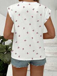 EMERY ROSE New Arrival Plus Size Women Casual Versatile Cherry Print Round Neck Cap Sleeve T-Shirt - Multicolor - View 2