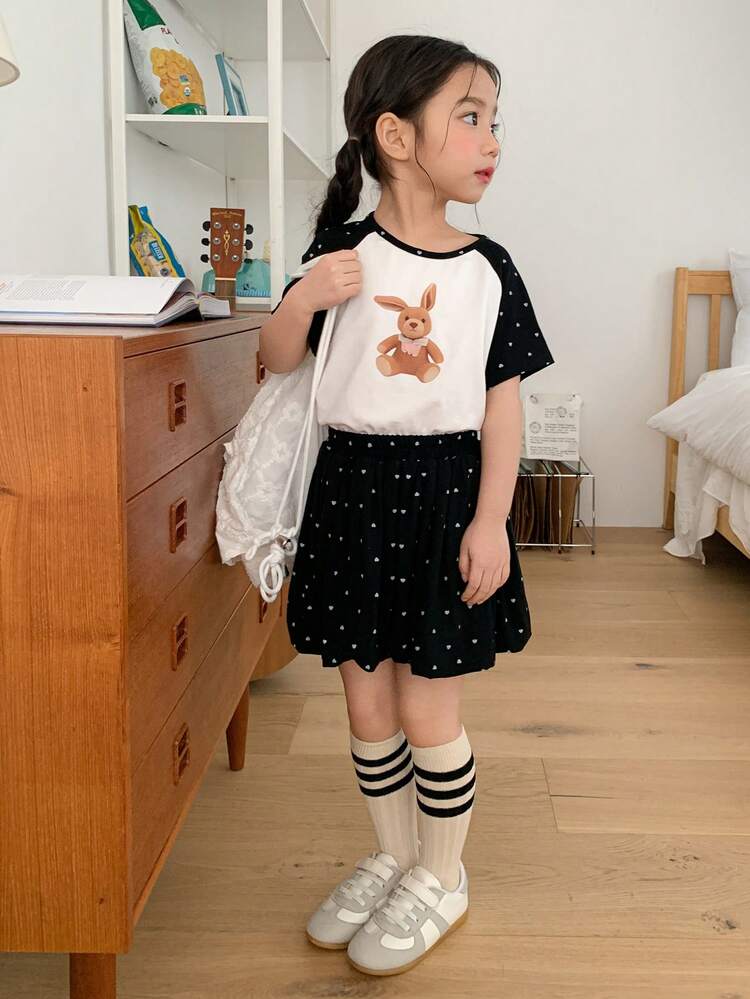 2pcs/Set Young Girls Contrast Color Cartoon Print Long Sleeve T-Shirt And Shorts Set