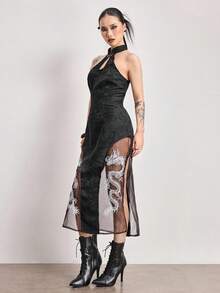 ROMWE Avant Spring/Summervalentine's DaygraphicChinese Style Water Drop Collar Dragon Embroidery Slit Sexy Dress - Black - View 5