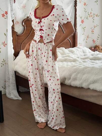 CottageSlumber 撞色蕾丝方领碎花蝴蝶结装饰女士睡衣套装