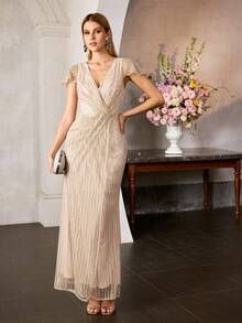 MOTF Soiréza WOMEN'S SEQUINS MESH OVERLAY CAP SLEEVE FORMAL PARTY DRESS - Champagne - View 7