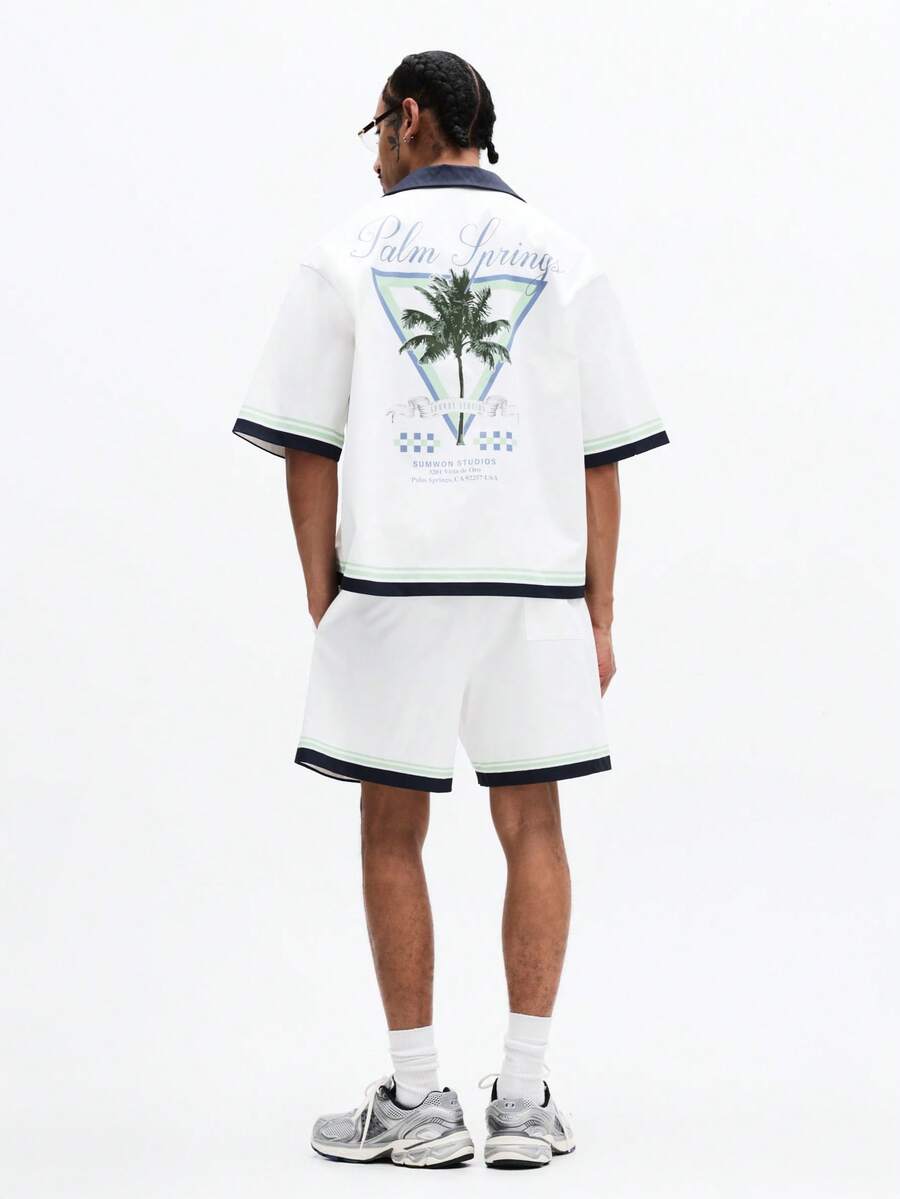 SUMWON Palm Spring Tropical Printed Short Sleeve Button Down Shirt With Matching Shorts Co-Ord Set Vacation - White - View 1