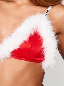 Missguided x Playboy Christmas Santa Inspired Bralette And Thong Set With White Faux Fur Trim And Decorative Strappy Details