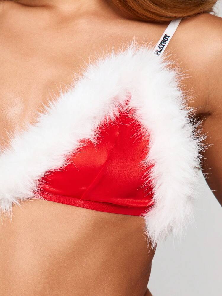 Missguided x Playboy クリスマスサンタ風ブラレットとTバックセット、白いフェイクファートリミング、装飾的なストラップ付き