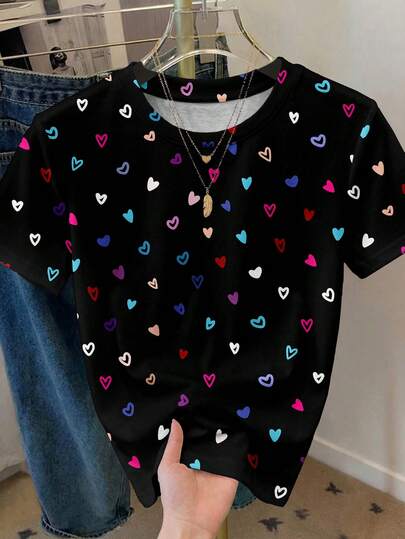 SHEIN LUNE Camiseta holgada de manga corta con cuello redondo y gráfico de corazón minimalista casual para mujer, adecuada para primavera/verano, Día de San Valentín, Carnaval - Camiseta gráfica linda con diseño de corazón, casual
