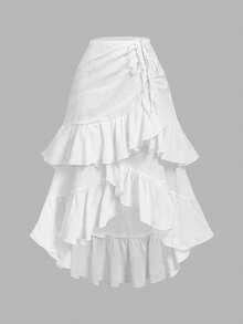 SHEIN MOD 纹理面料层叠荷叶边抽绳不对称高低裙——完美适用于度假、约会、野餐、派对、舞会、节日和生日；浪漫复古宫廷风格