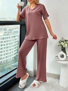 RueChic 2Pcs/Women's Button Details And Lettuce Trim Detail Homewear Lounge Set - Dusty Pink - View 5