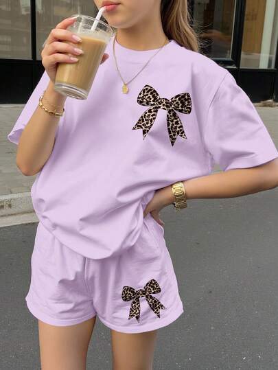 Vintage Bow & Leopard Print, Tween Girls Casual Minimalist Short Sleeve Top And Shorts 2-Piece Set, Suitable For Summer