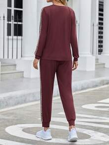 SHEIN LUNE 2件套豹纹拼接圆领长袖上衣和裤子休闲女装 - 鏽棕色 - 查看 2