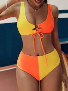 Swim SPRTY Women's Sexy Colorblock Front Tie Two-Piece Bikini Set, Summer Beach - Multicolor - View 5