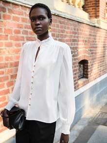 Lumivelle Women's Chiffon Long Sleeve Shirt,White,Autumn,Elegant,Office,Ruffle Collar And Cuffs,Metal Buckle Decoration,Casual Premium Minimalist Blouse - White - View 1