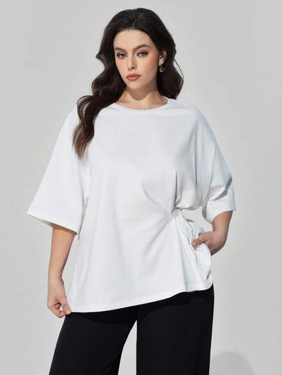 Maija Women's Solid Color Round Neck Drop Shoulder Sleeve Twist Waist Side Slit Hem Casual T-Shirt, Business Casual Vintage Style, Knit & Woven Fabric, Elegant Minimalist, Suitable For Summer, Urban Resort Daily Wear