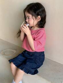 DAZY Toddler Girls' Ruffle Trim Washed Casual Denim Shorts - Dark Wash - View 3