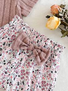 SHEIN Vintaside Kids 3pcs/Set Infant/Toddler Cute Casual Outing Round Neck Ribbed Embroidered Ruffle Sleeve Romper, Pants, Bow Headband Set, Spring/Autumn - Pink - View 7